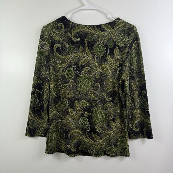 Vintage 90s Y2K Black Green Floral Top Large Metallic Textured Pullover Retro - Picture 7 of 13